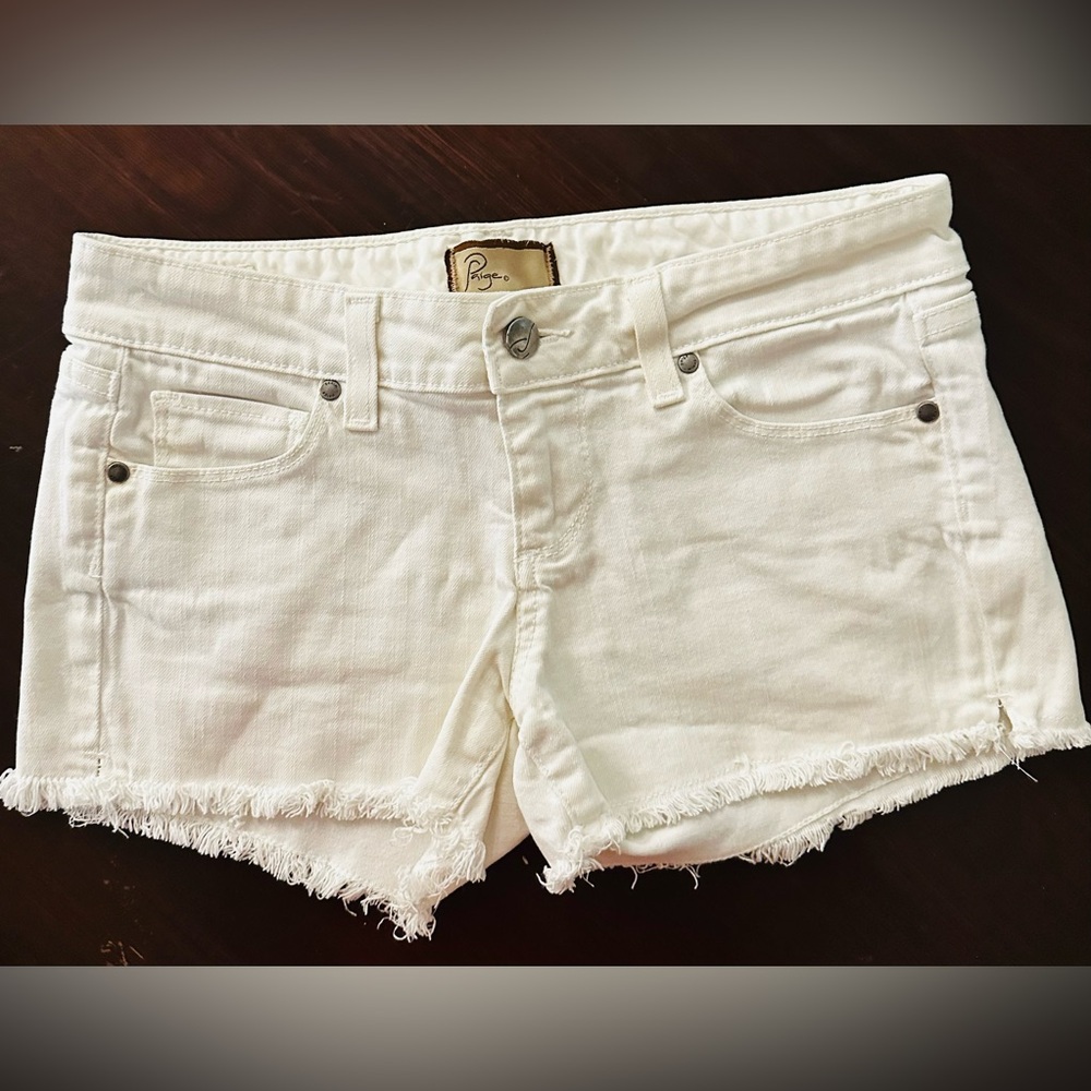 PAIGE White Frayed Hem Denim Shorts